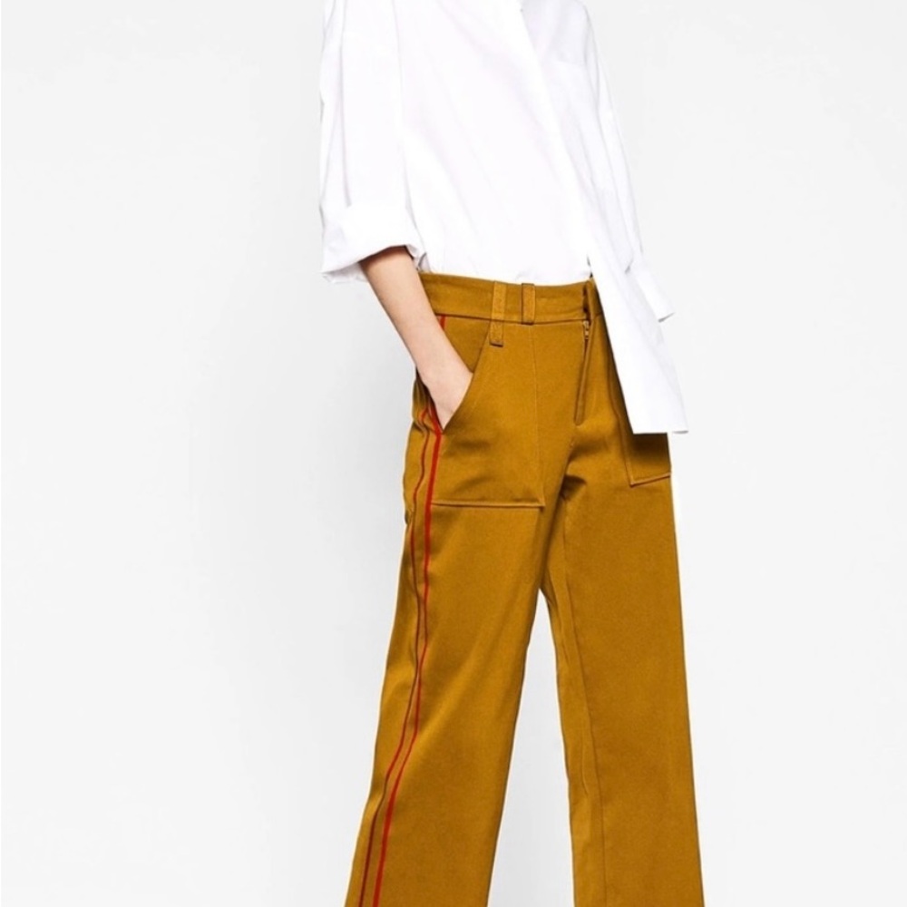 NWT Zara Trafaluc Tan Cropped Wide Leg Pants Red Side Stripe Size S - Picture 2 of 7
